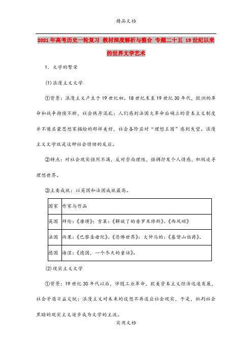 2021年高考历史一轮复习 教材深度解析与整合 专题二十五 19世纪以来的世界文学艺术