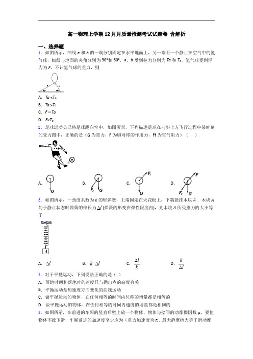 高一物理上学期12月月质量检测考试试题卷 含解析