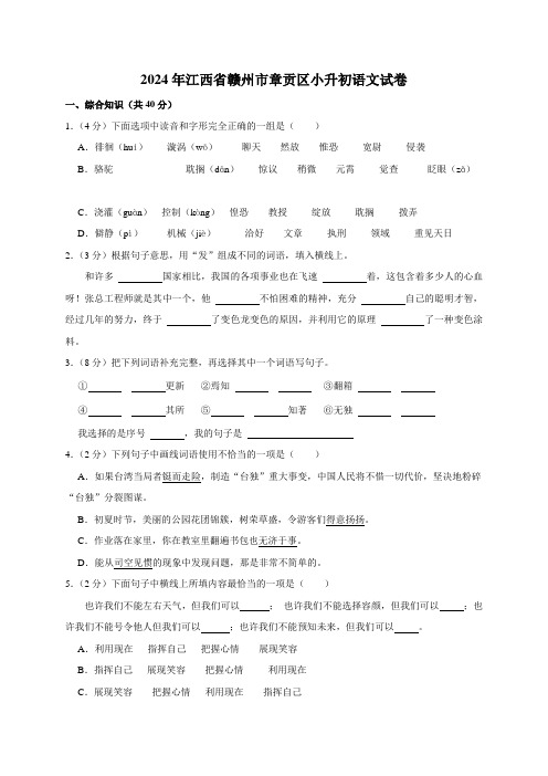 2024年江西省赣州市章贡区小升初语文试卷(原卷全解析版)