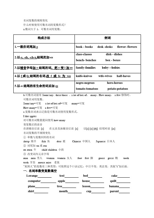 初中英语名词单复数和不可数名词专项讲解与练习