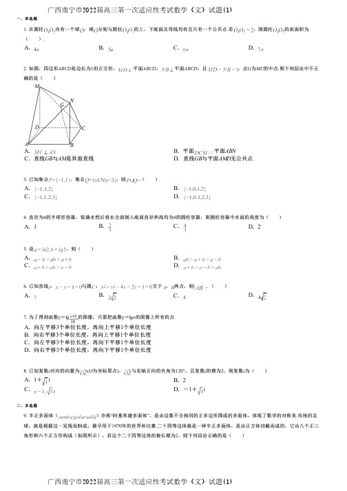 广西南宁市2022届高三第一次适应性考试数学(文)试题(1)