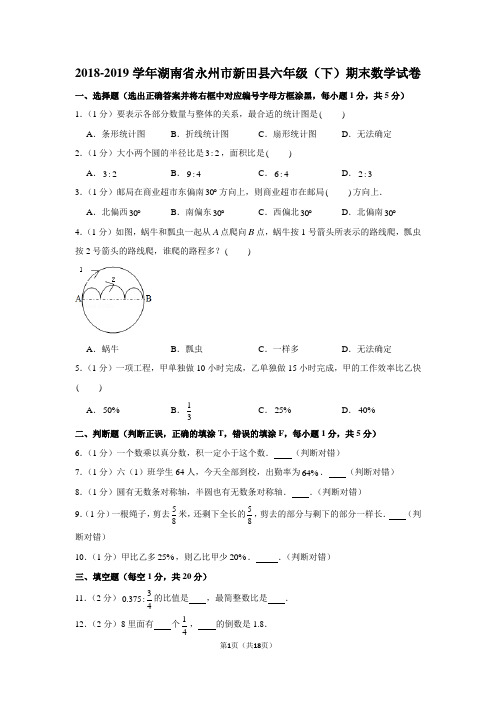 (人教新版)2018-2019学年湖南省永州市新田县六年级(下)期末数学试卷