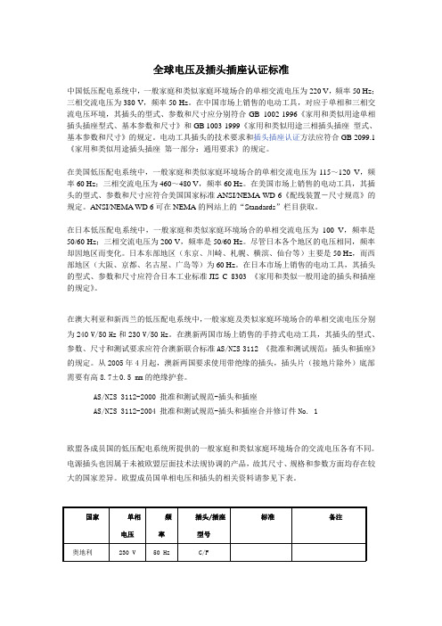 全球电压及插头插座认证标准