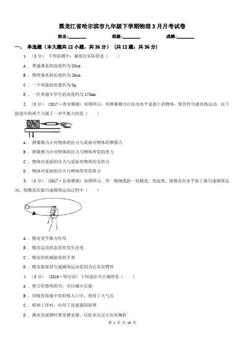 黑龙江省哈尔滨市九年级下学期物理3月月考试卷
