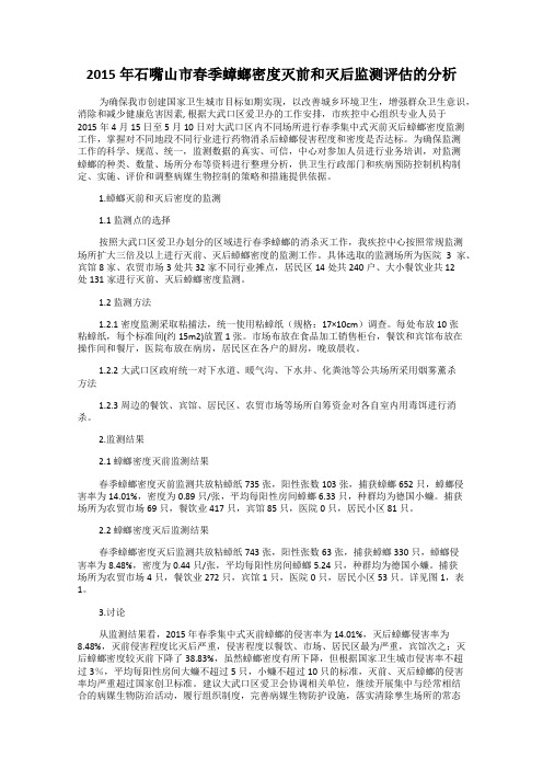 2015年石嘴山市春季蟑螂密度灭前和灭后监测评估的分析