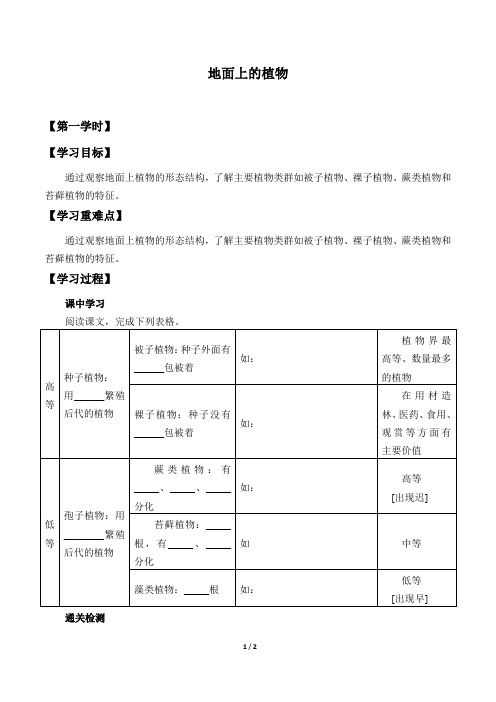 苏科版生物七年级下册：11.1 地面上的植物  学案
