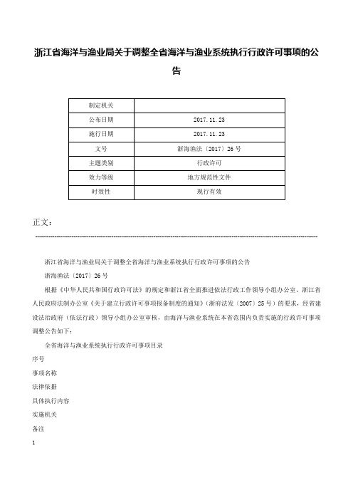 浙江省海洋与渔业局关于调整全省海洋与渔业系统执行行政许可事项的公告-浙海渔法〔2017〕26号