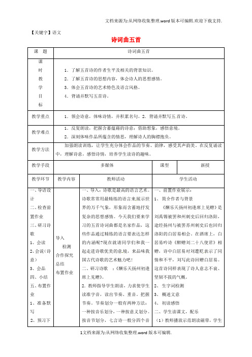【语文】八年级语文下册第五单元25诗词曲五首教案1新版新人教版