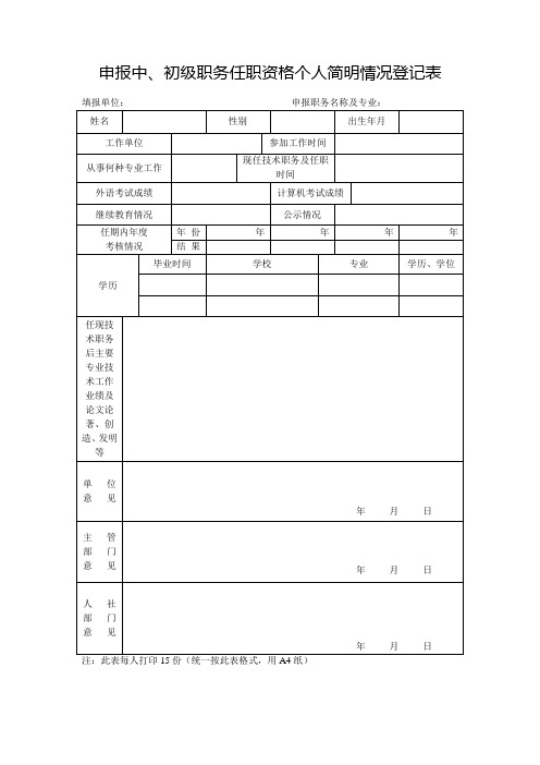 申报中、初级职务任职资格个人简明情况登记表
