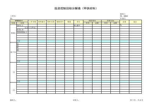 投资控制目标分解表(甲供材料)