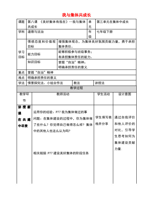 七年级道德与法治下册第三单元在集体中成长第八课美好集体有我在第2框我与集体共成长教案新人教版(1)