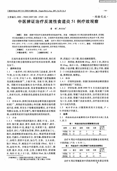 中医辨证治疗反流性食道炎51例疗效观察