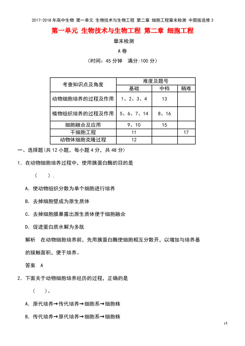 高中生物第一单元生物技术与生物工程第二章细胞工程章末检测中图版选修3(new)