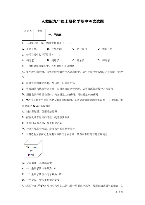 人教版九年级上册化学期中试卷含答案