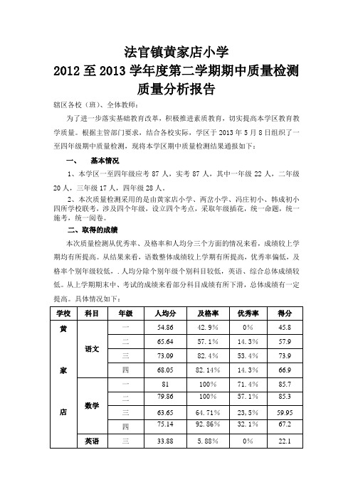 2013年5月期中考试质量分析报告