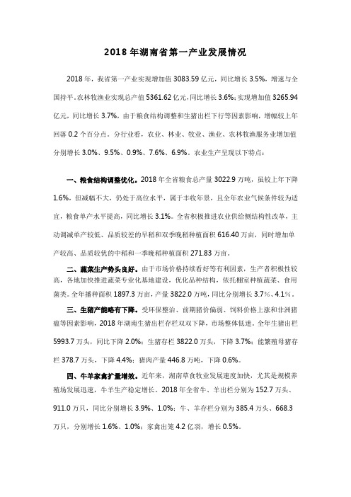 2018年湖南省第一产业发展情况
