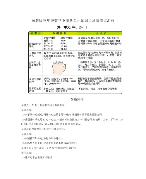冀教版三年级数学下册各单元知识点及易错点汇总