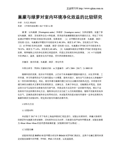 巢蕨与绿萝对室内环境净化效益的比较研究