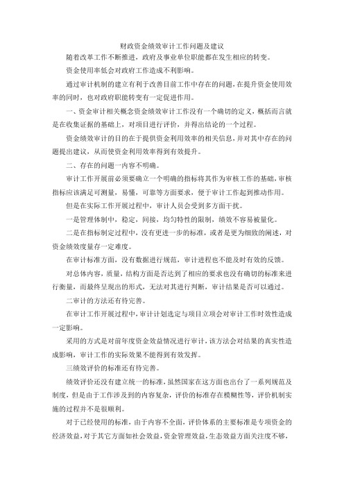 最新-财政资金绩效审计工作问题及建议 精品