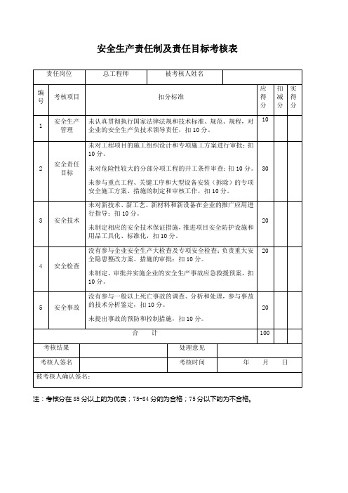 安全生产责任制及责任目标考核表--总工程师