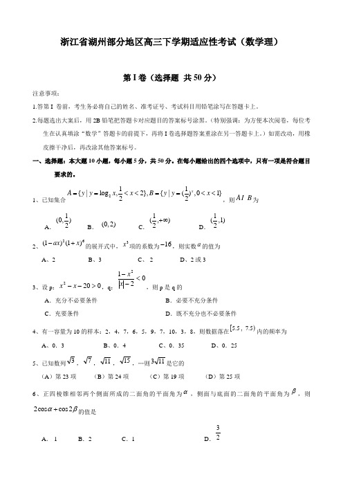 浙江省湖州部分地区高三下学期适应性考试(数学理).doc