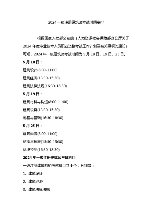 2024一级注册建筑师考试科目及时间安排