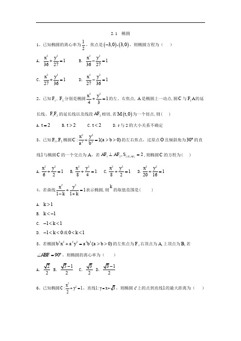 2019-2020学年高中数学人教A版选修1-1同步练习：2.1 椭圆 Word版含答案