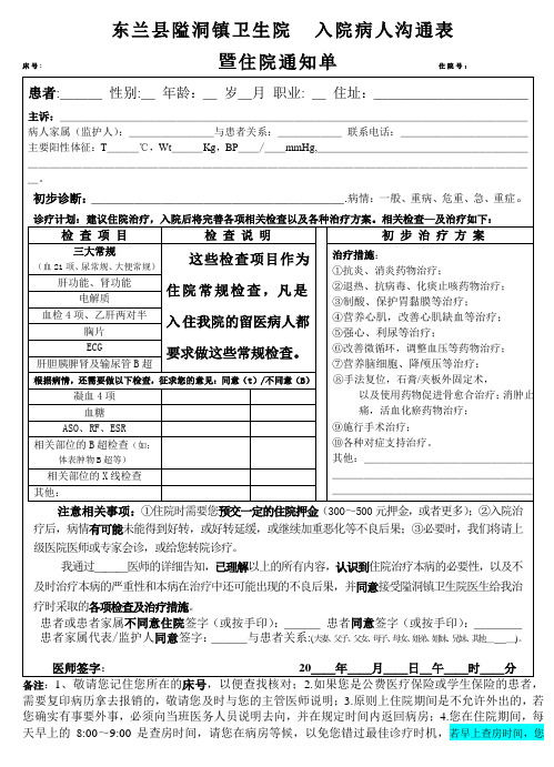 入院证 住院通知单