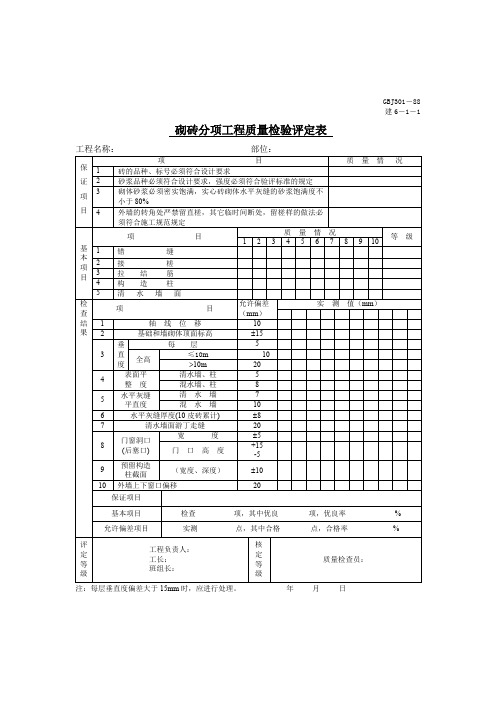 砌砖分项工程质量检验评定表
