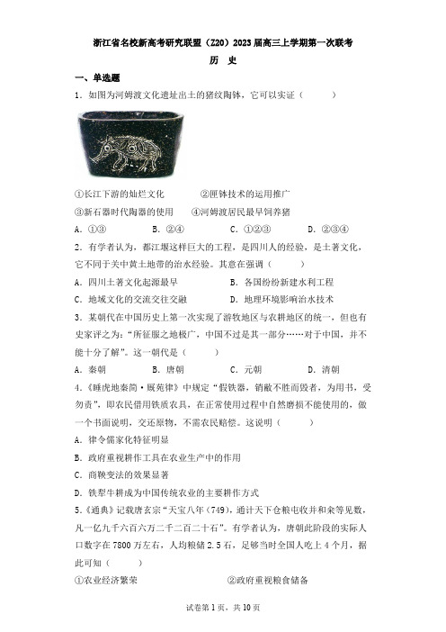 浙江省名校新高考研究联盟(Z20)2023届高三上学期第一次联考历史试题