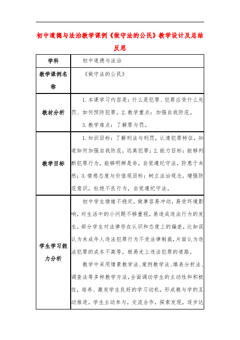 初中道德与法治教学课例《做守法的公民》课程思政核心素养教学设计及总结反思