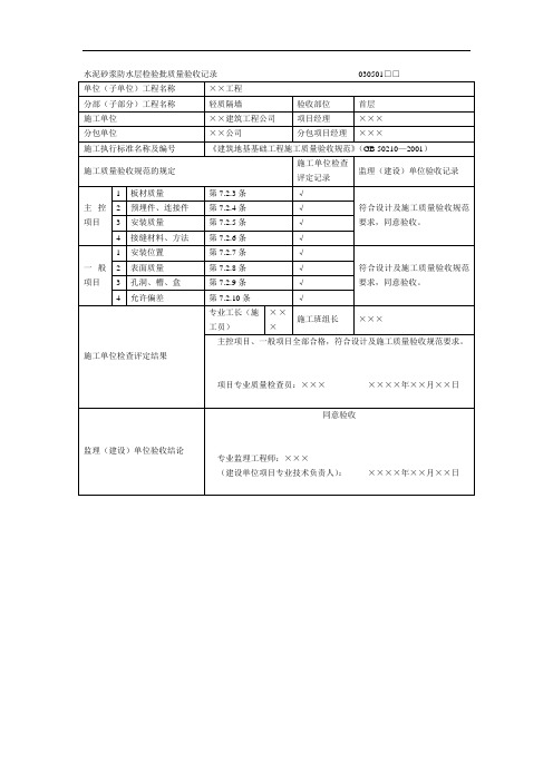 板材隔墙工程检验批质量验收记录