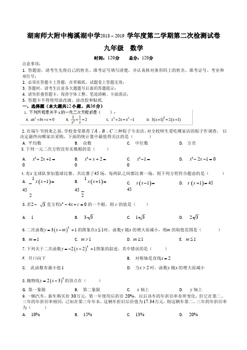湖南长沙师大附中梅溪湖中学2018-2019学年度第二学期第二次检测试卷九年级数学试题 