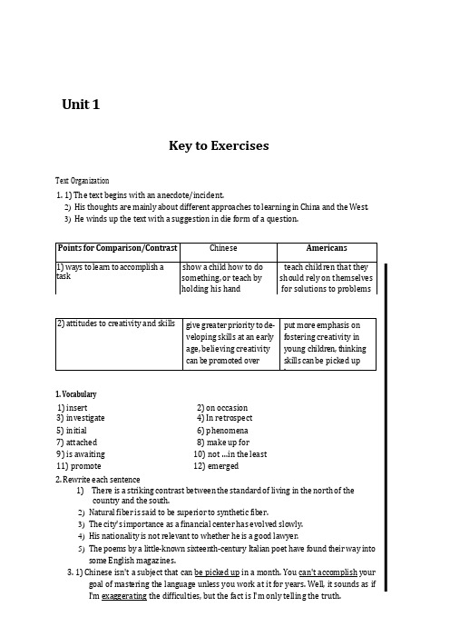 全新版大学英语综合教程2第二版答案unit1-unit 3