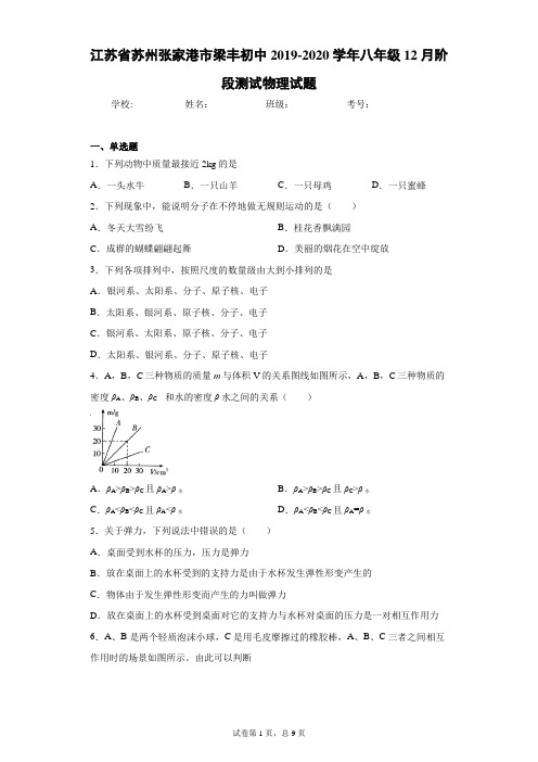 江苏省苏州张家港市梁丰初中2019-2020学年八年级12月阶段测试物理试题