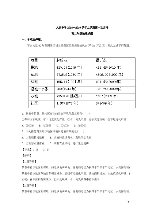2018-2019学年黑龙江省大庆中学高二上学期10月月考地理试题 解析版