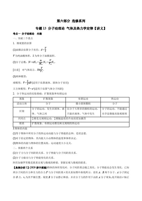 2021年高考物理二轮复习 人教版 专题13 分子动理论 气体及热力学定律(讲义)