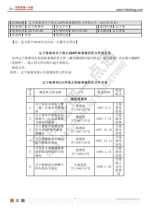 辽宁海事局关于废止224件海事规范性文件的公告(2013年发布)