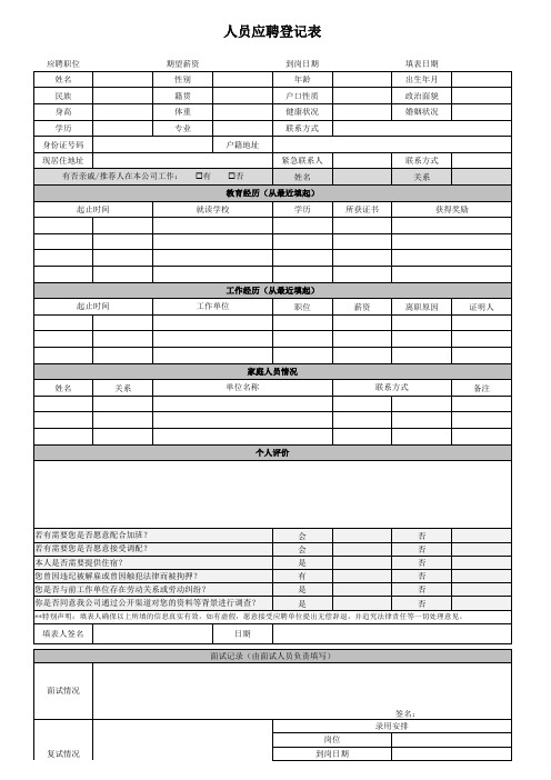 人员应聘登记表