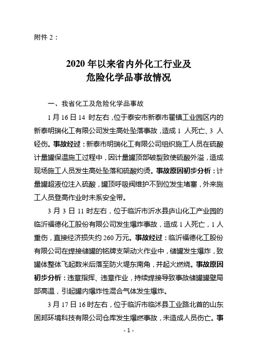 2020年以来山东省内外化工及危险化学品事故情况