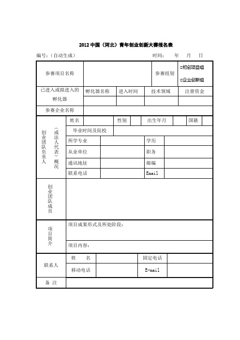 中国青年创业创新大赛报名表样本