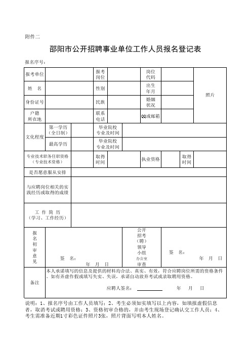 邵阳市事业单位公开招聘考试报名登记表