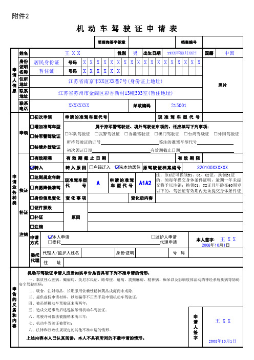 机动车驾驶证申请表(转入样表)