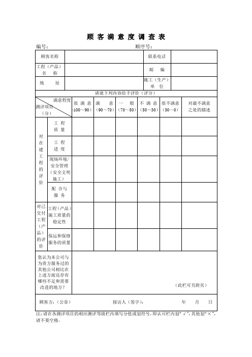 建筑工程顾客满意程度调查表格