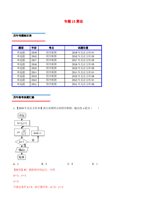 (北京卷)十年真题(2010-2019)高考数学真题分类汇编 专题13 算法 文(含解析)