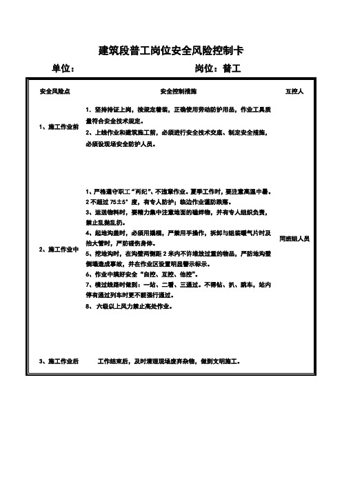 建筑段普工岗位安全风险控制卡