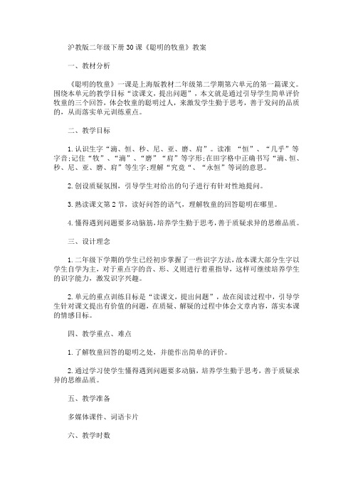 沪教版二年级下册30课《聪明的牧童》教案(最新)
