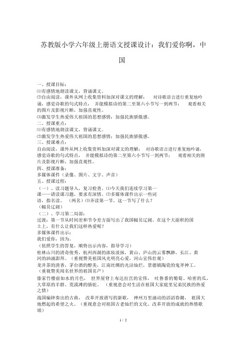苏教版小学六年级上册语文教案：我们爱你啊,中国