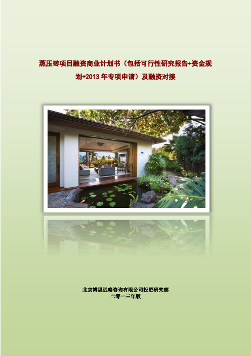 蒸压砖项目融资商业计划书(包括可行性研究报告+资金方案规划+2013年专项申请)及融资对接