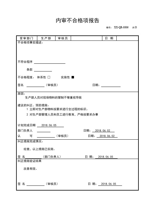 ISO45001-2018内审不合格项报告